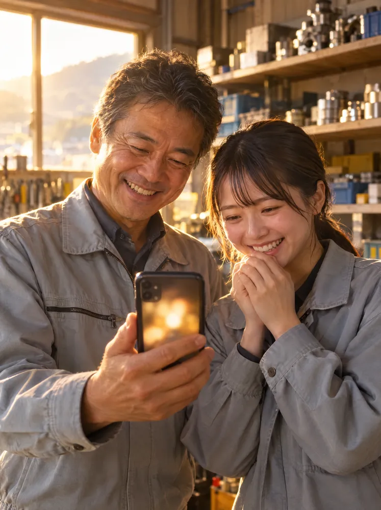 自社のドラマをスマホで見て笑う社長と社員
