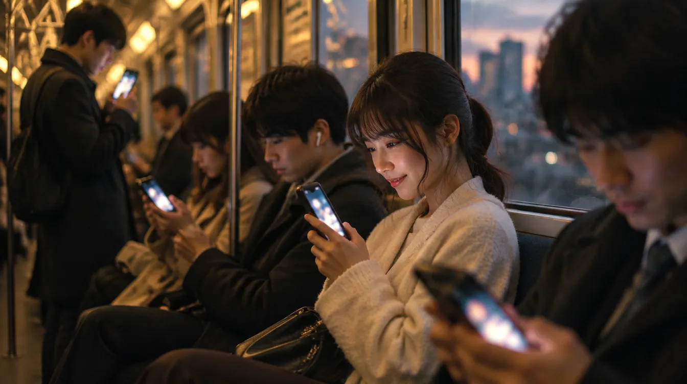 電車の中で、スマホの動画を見る人たち