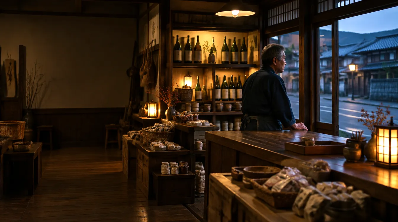 お客さんのいない夜の酒屋で、外を見る店主