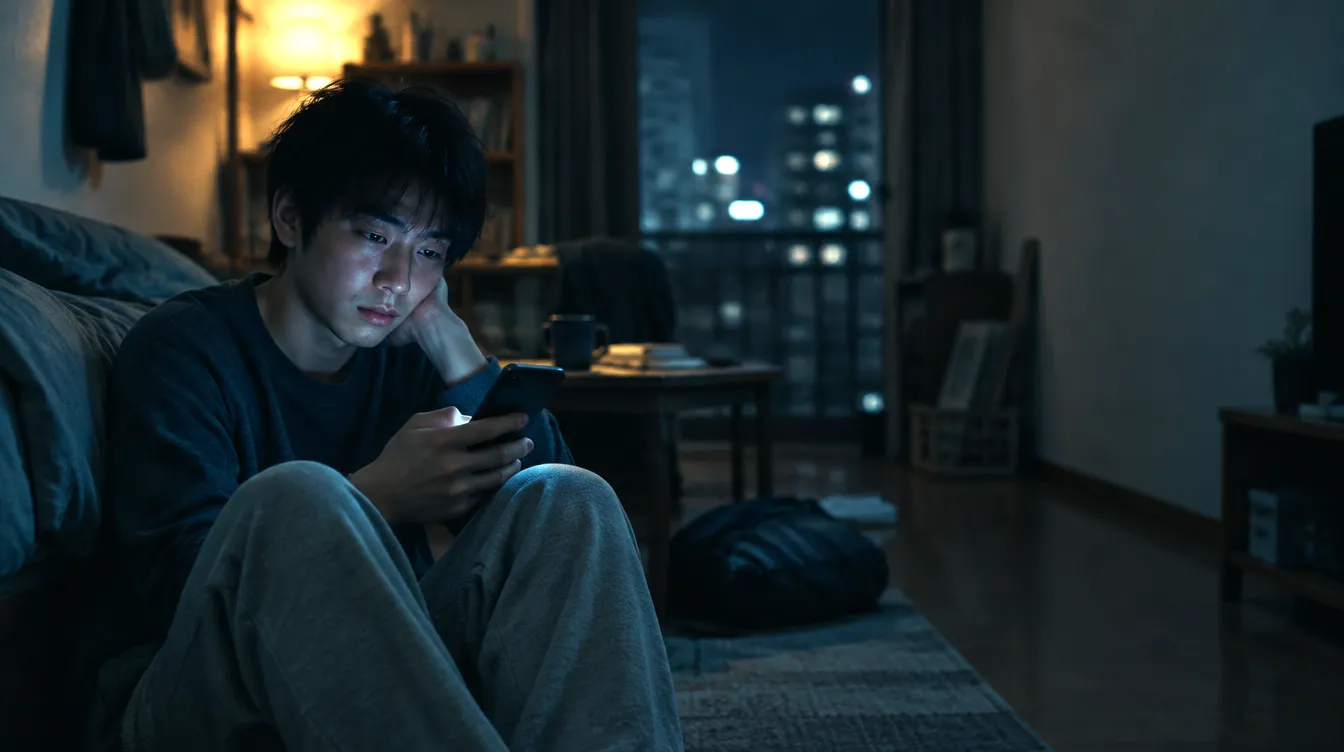 夜の部屋で、ひとりスマホを見る若者