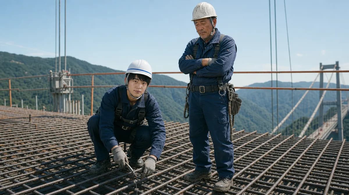 昼の鉄筋現場で、鉄筋を結ぶ新人と見守るベテラン