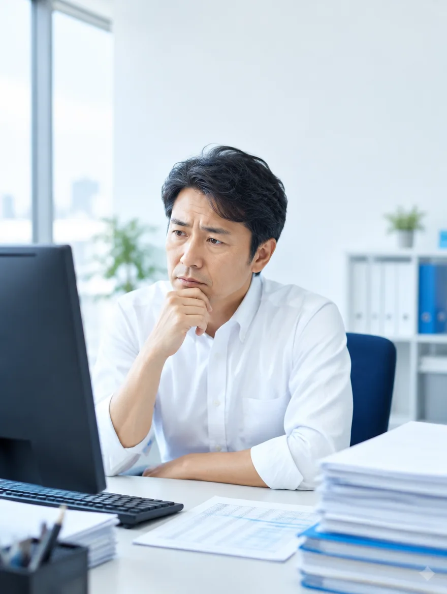書類の山を前に考え込む経営者